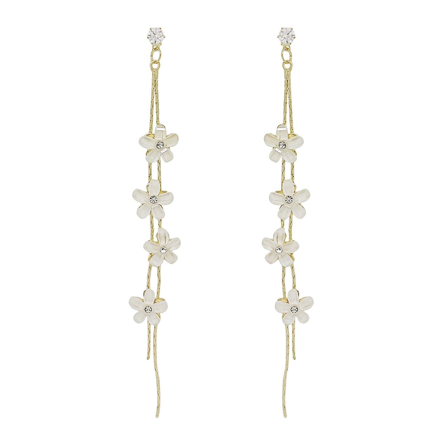 Gold Long Drop Earrings with White Floral Accents - Dainty Bridal and Boho Chic Statement Jewelry