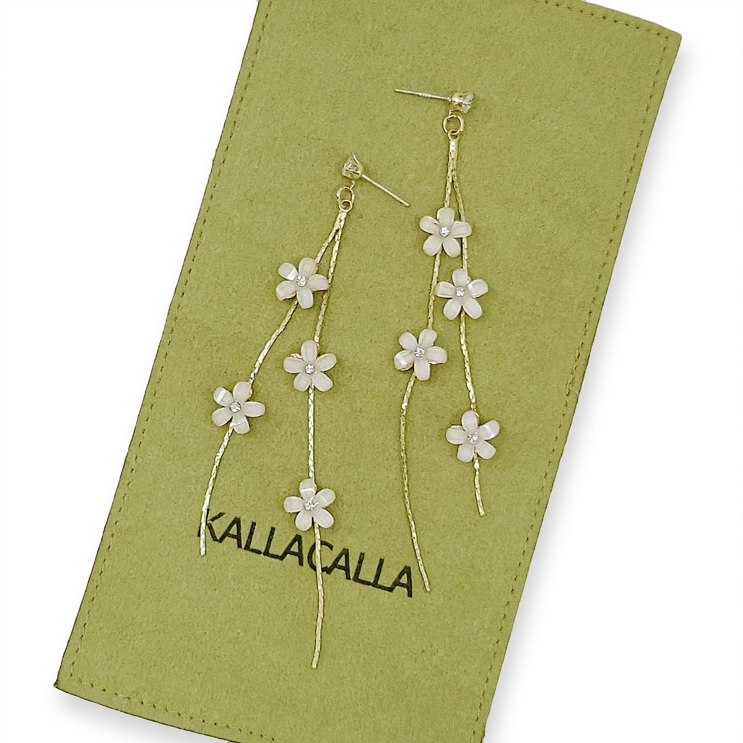 Gold Long Drop Earrings with White Floral Accents - Dainty Bridal and Boho Chic Statement Jewelry