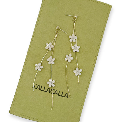 Gold Long Drop Earrings with White Floral Accents - Dainty Bridal and Boho Chic Statement Jewelry