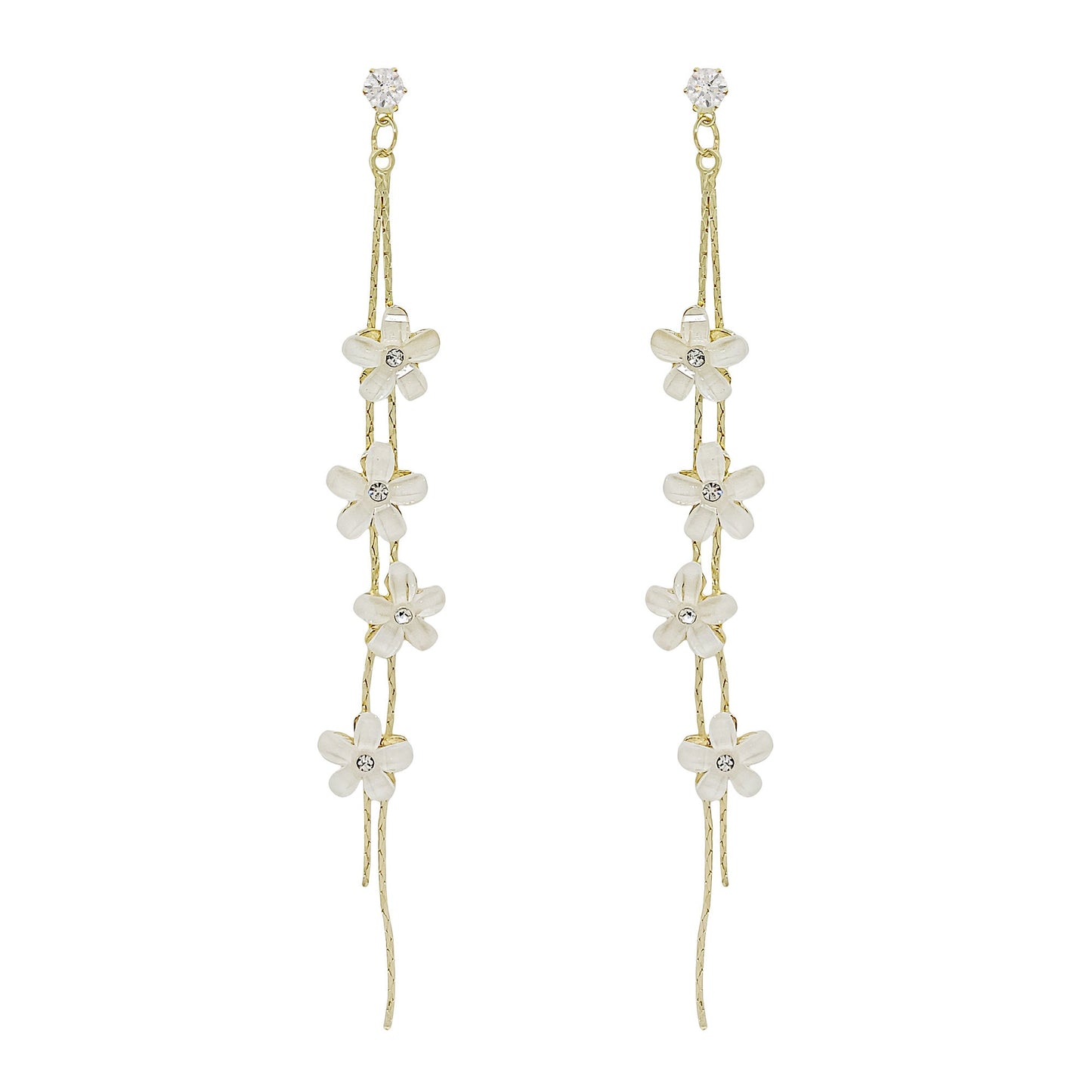 Gold Long Drop Earrings with White Floral Accents - Dainty Bridal and Boho Chic Statement Jewelry