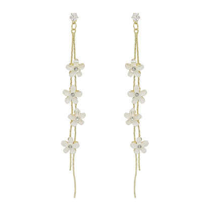 Gold Long Drop Earrings with White Floral Accents - Dainty Bridal and Boho Chic Statement Jewelry