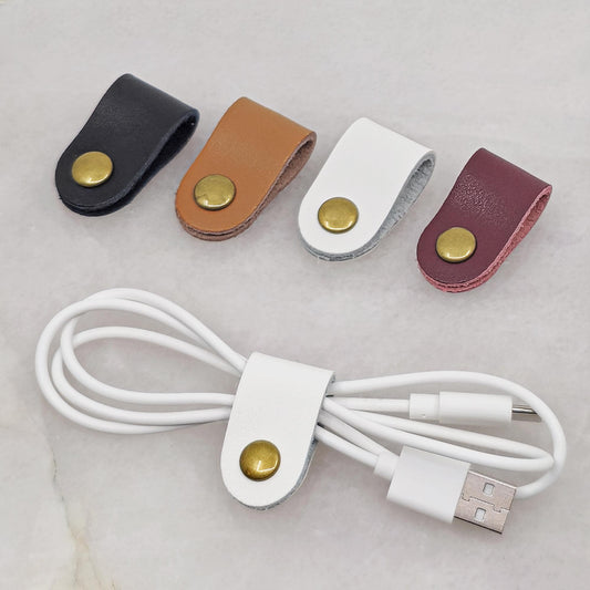 Leather Cable Organizer - Minimalist Cord Keeper with Brass Snap Closure | Ideal for Desk, Office, and Travel